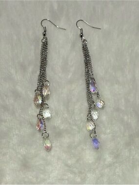 Sparkly Tear-Drops Silver Chain Drop Earrings with Iridescent Crystal Beads